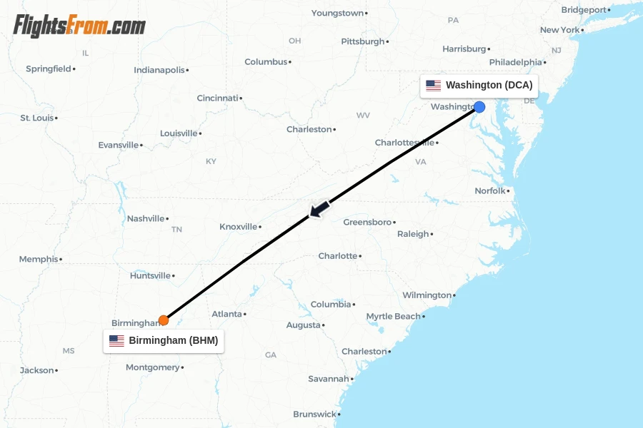 Flights from Washington to Birmingham route map