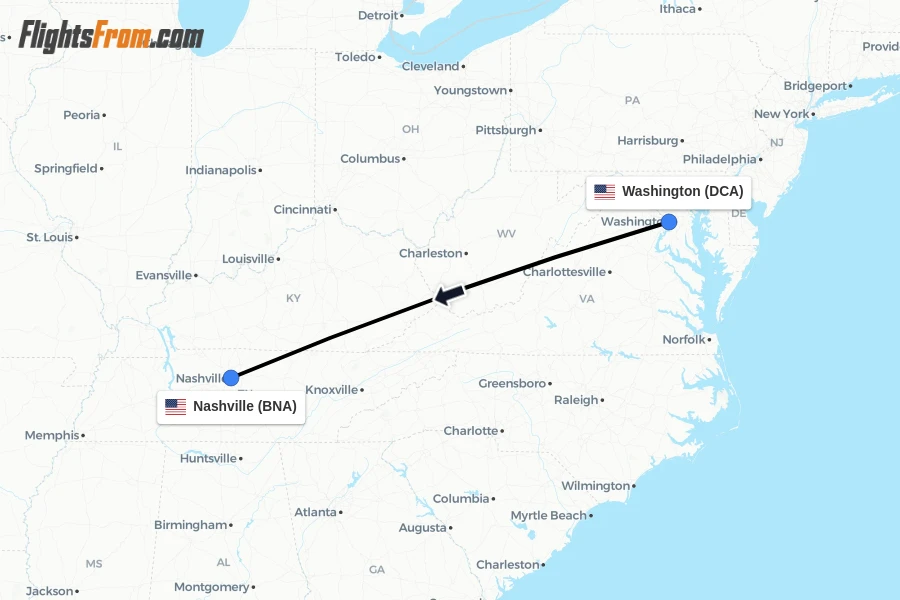 Flights from Washington to Nashville route map