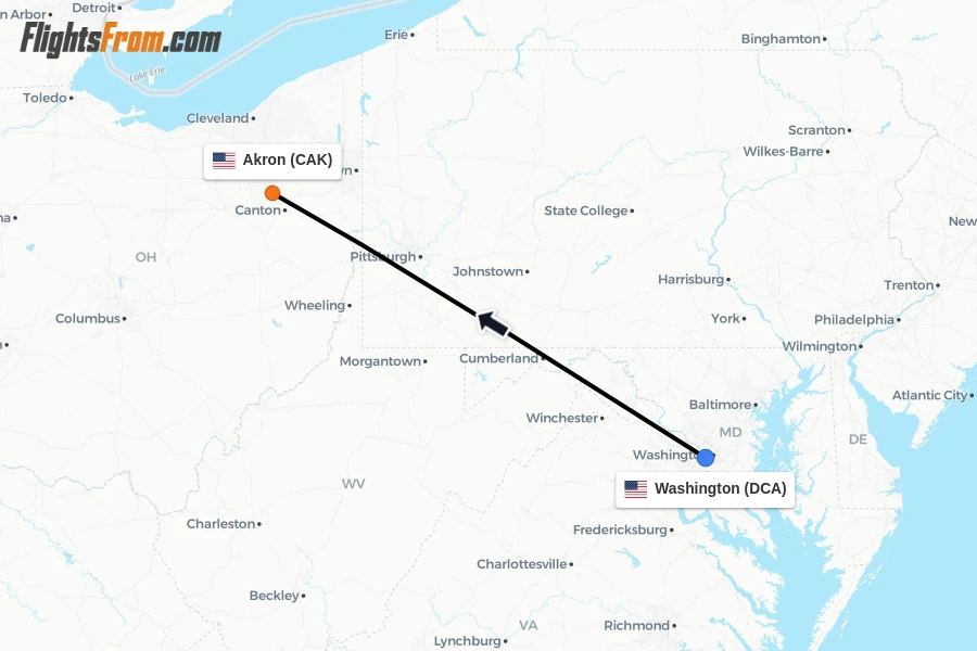 Flights from Washington to Akron route map