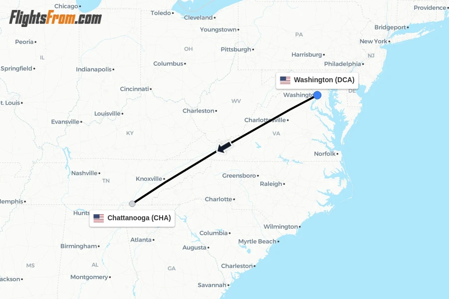 Flights from Washington to Chattanooga route map