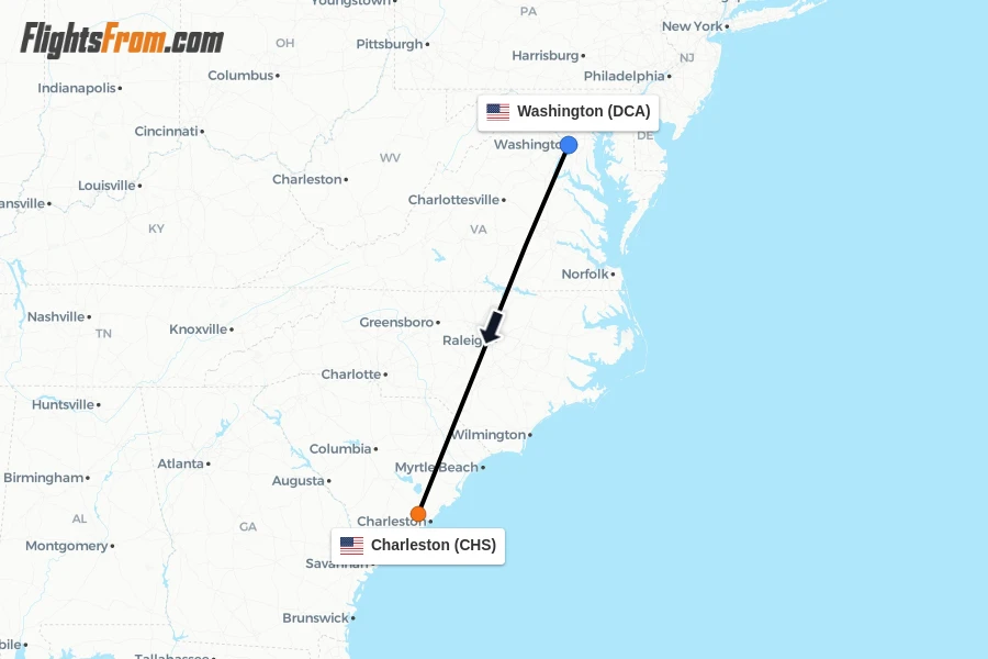 Flights from Washington to Charleston route map