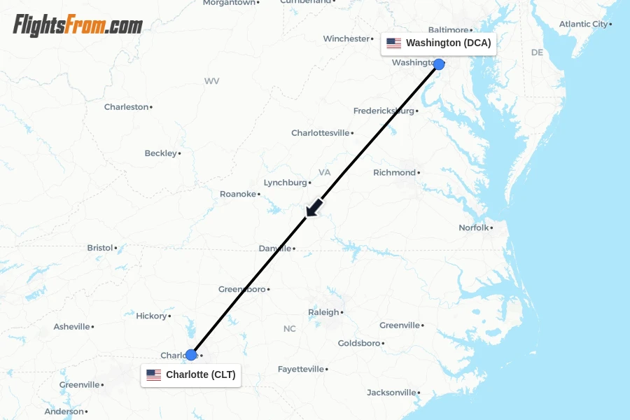 Flights from Washington to Charlotte route map