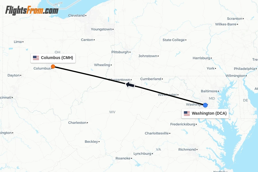 Flights from Washington to Columbus route map