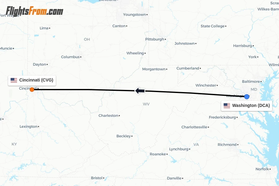 Flights from Washington to Cincinnati route map
