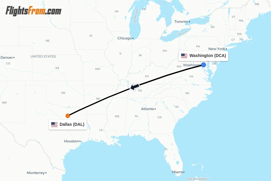 Flights from Washington to Dallas route map