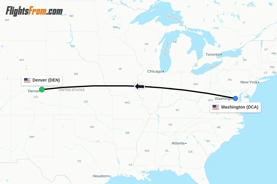 Flights from Washington to Denver route map