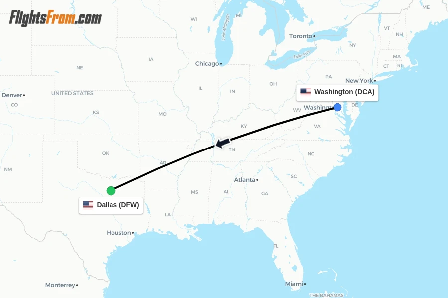 Flights from Washington to Dallas route map