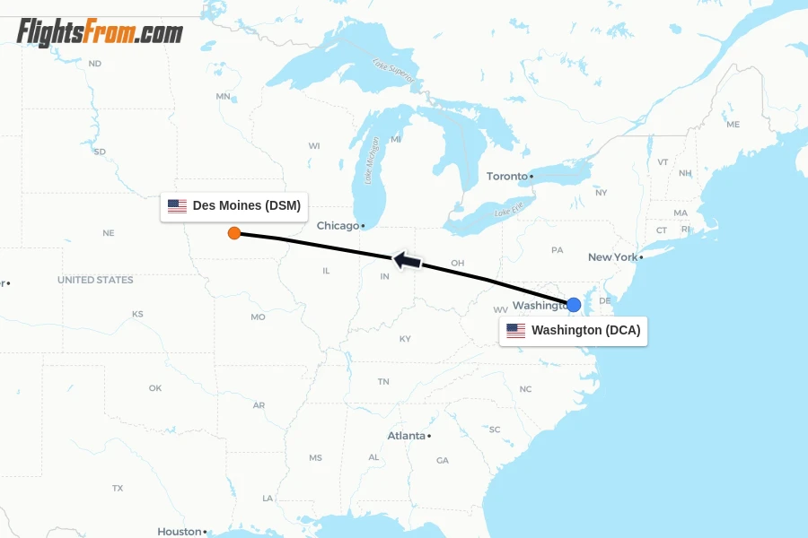 Flights from Washington to Des Moines route map