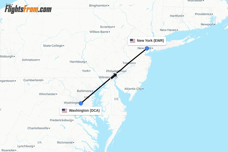 Flights from Washington to New York route map