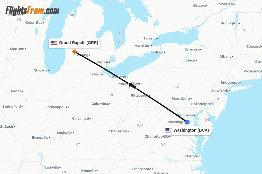 Flights from Washington to Grand Rapids route map