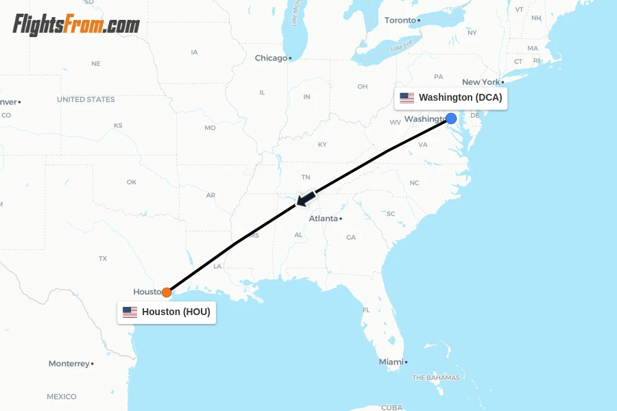 Flights from Washington to Houston route map