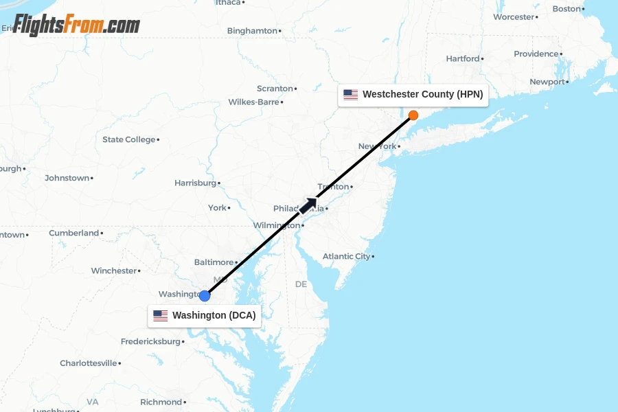 Flights from Washington to Westchester County route map