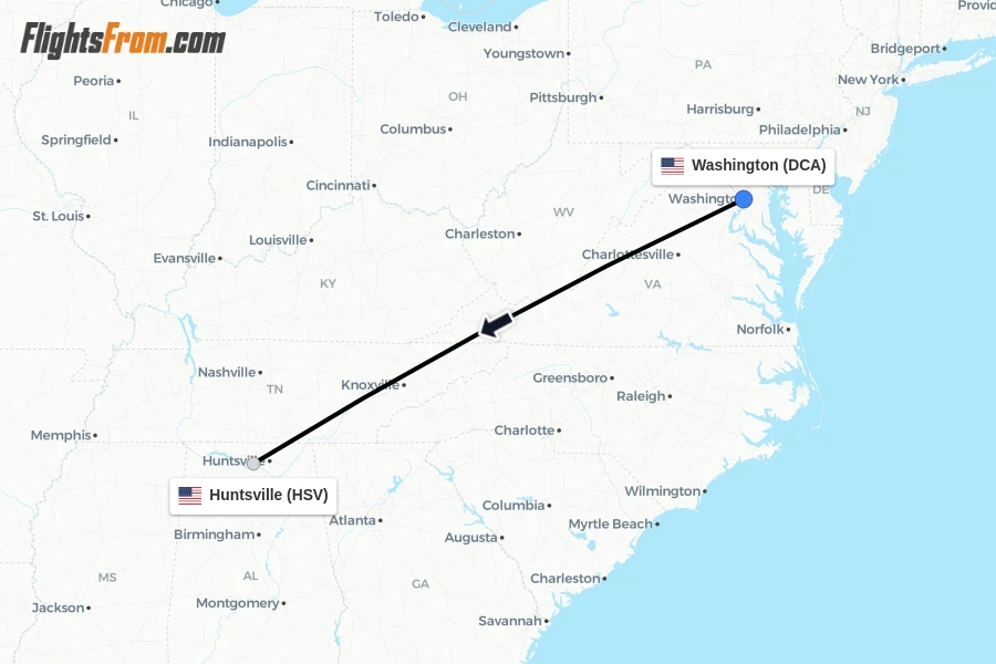Flights from Washington to Huntsville route map
