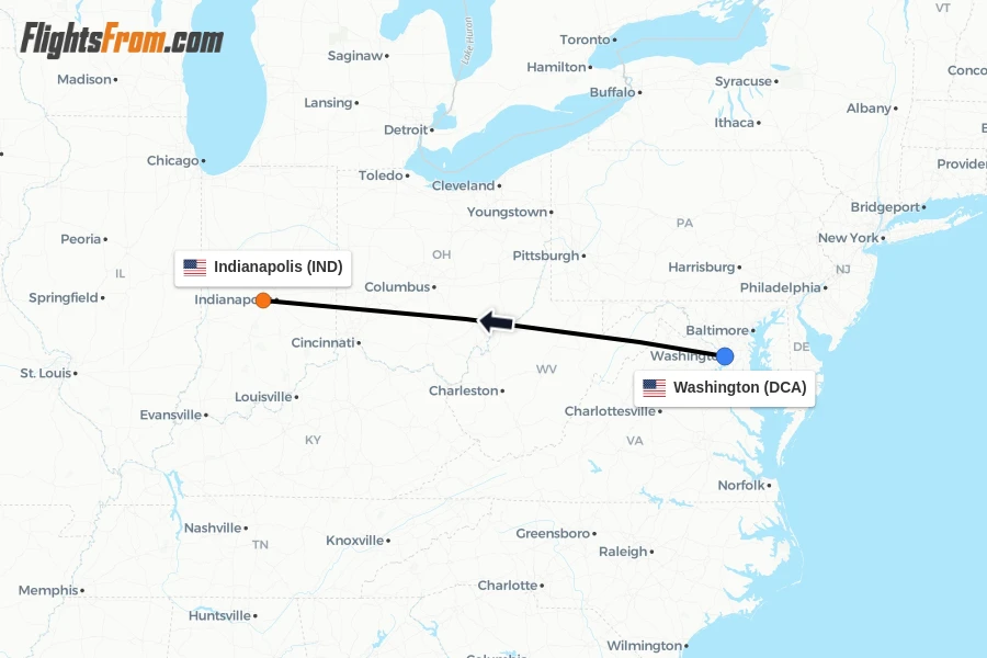 Flights from Washington to Indianapolis route map