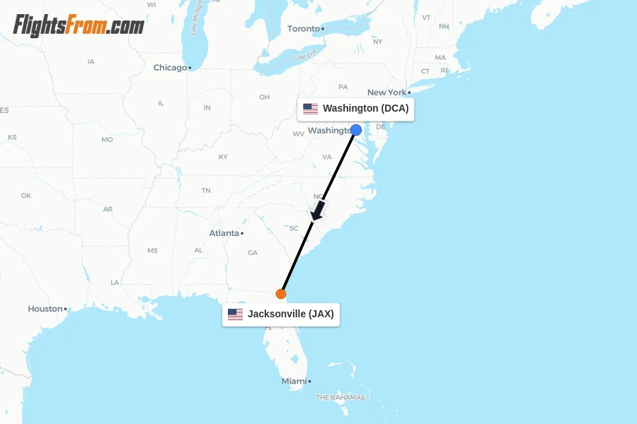 Flights from Washington to Jacksonville route map