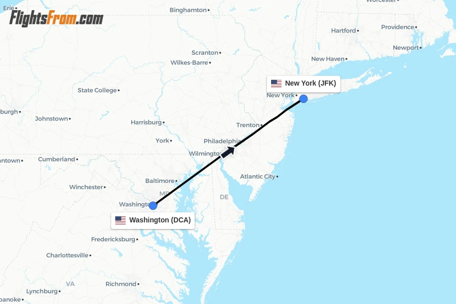 Flights from Washington to New York route map