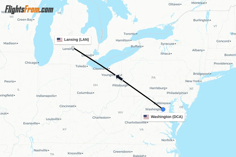 Flights from Washington to Lansing route map