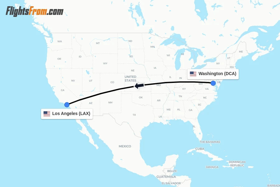 Flights from Washington to Los Angeles route map