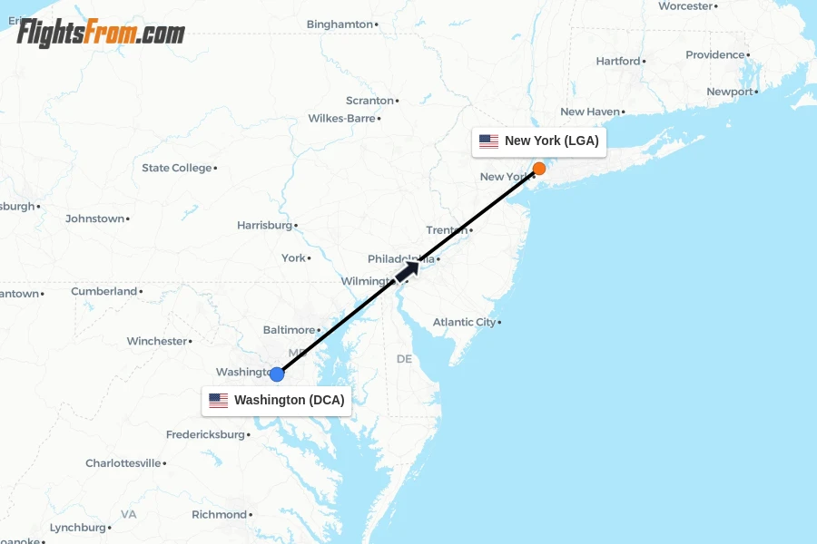 Flights from Washington to New York route map