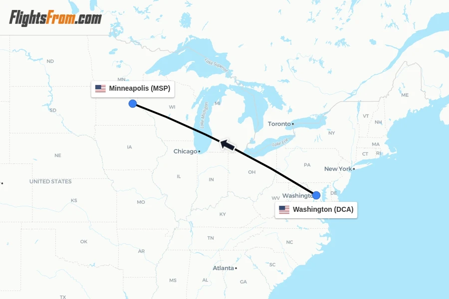 Flights from Washington to Minneapolis route map