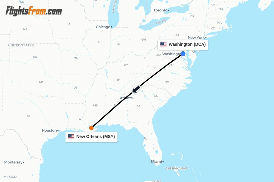Flights from Washington to New Orleans route map