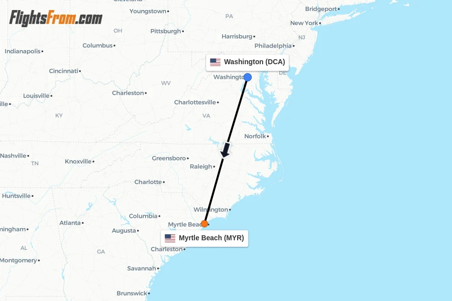 Flights from Washington to Myrtle Beach route map