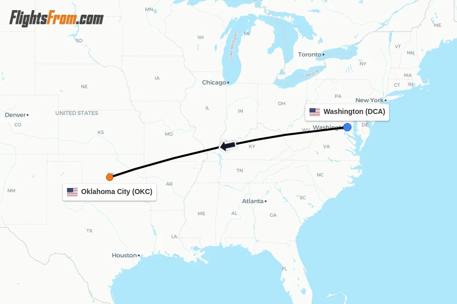 Flights from Washington to Oklahoma City route map