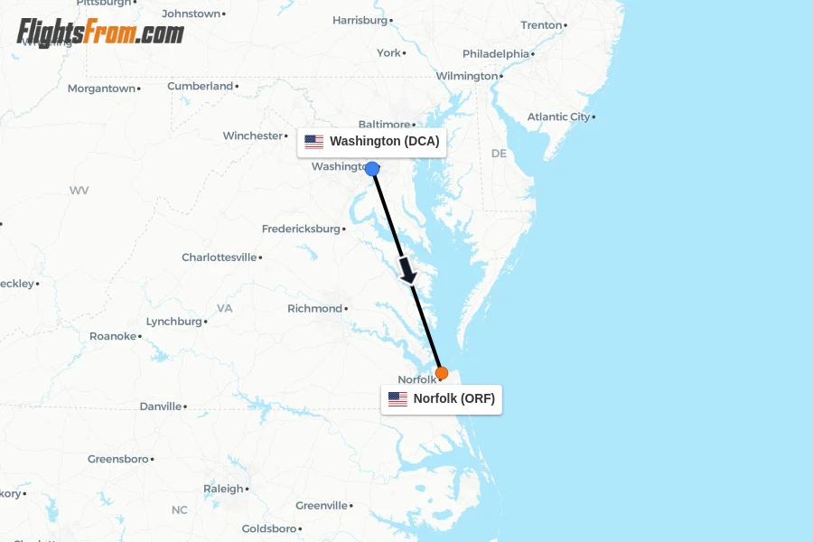 Flights from Washington to Norfolk route map