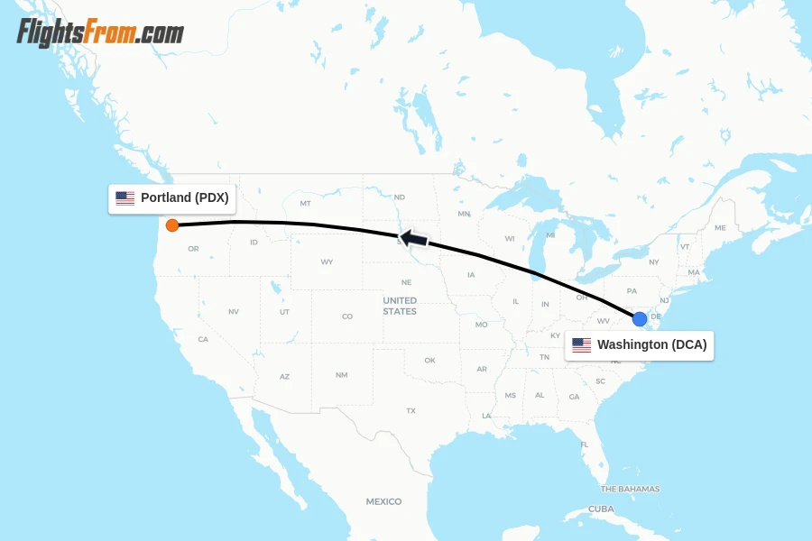 Flights from Washington to Portland route map