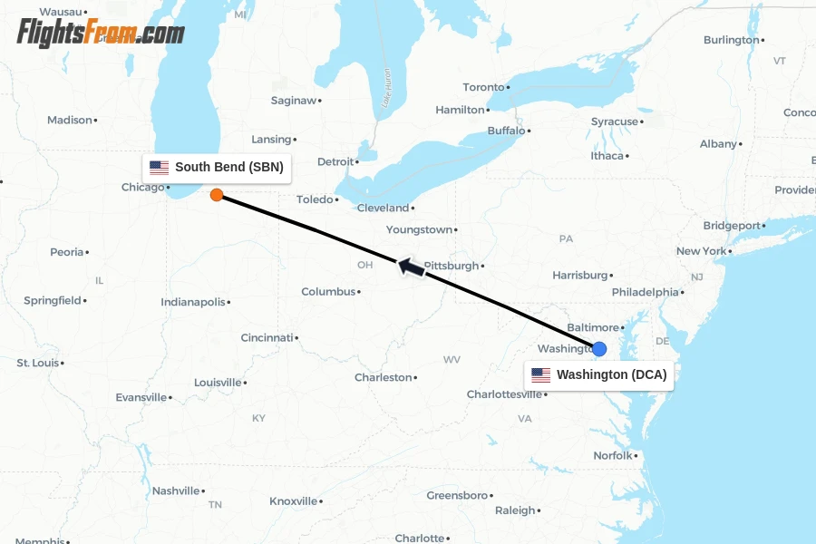 Flights from Washington to South Bend route map