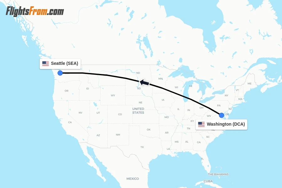 Flights from Washington to Seattle route map