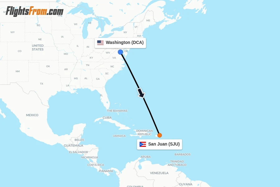 Flights from Washington to San Juan route map