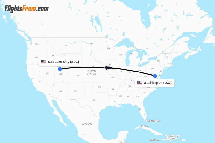 Flights from Washington to Salt Lake City route map