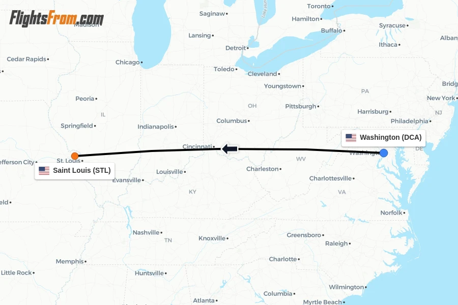 Flights from Washington to Saint Louis route map