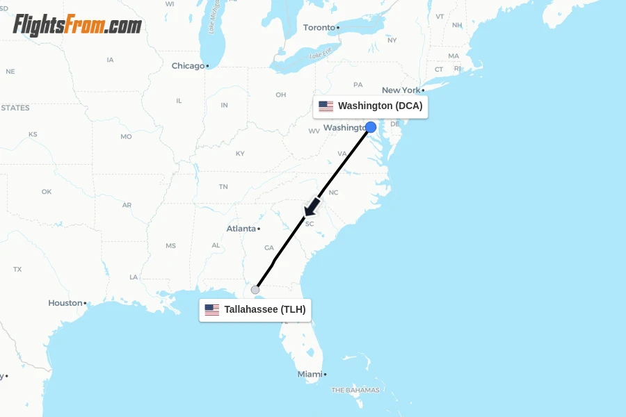 Flights from Washington to Tallahassee route map