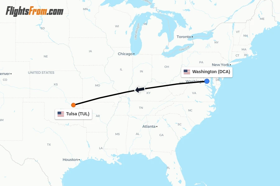 Flights from Washington to Tulsa route map