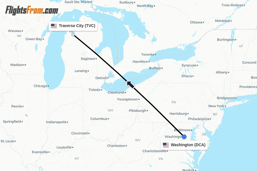 Flights from Washington to Traverse City route map