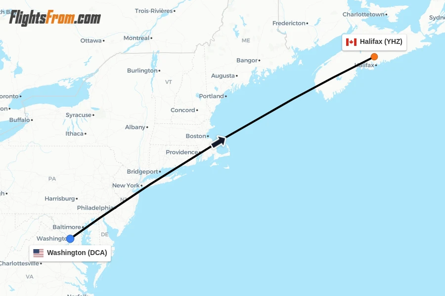 Flights from Washington to Halifax route map