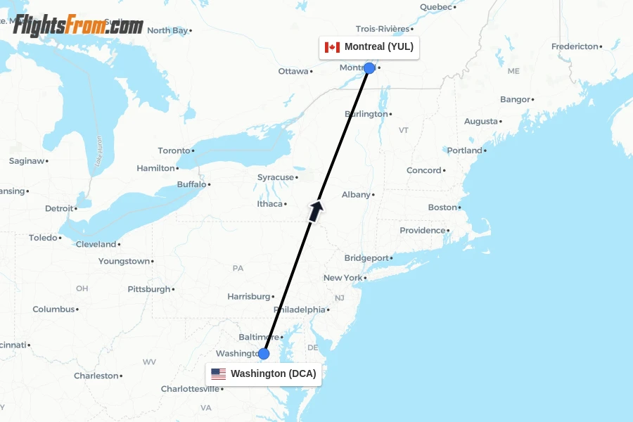 Flights from Washington to Montreal route map