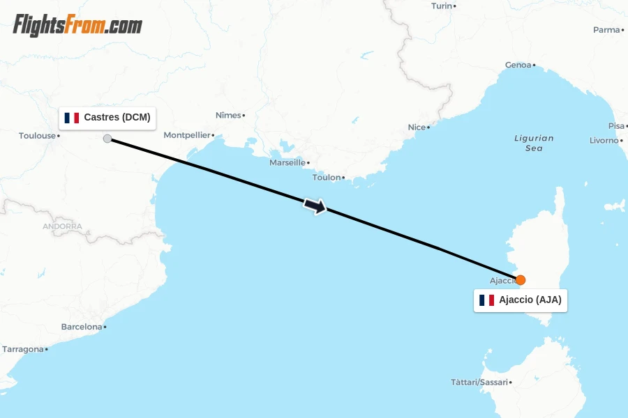 Flights from Castres to Ajaccio route map