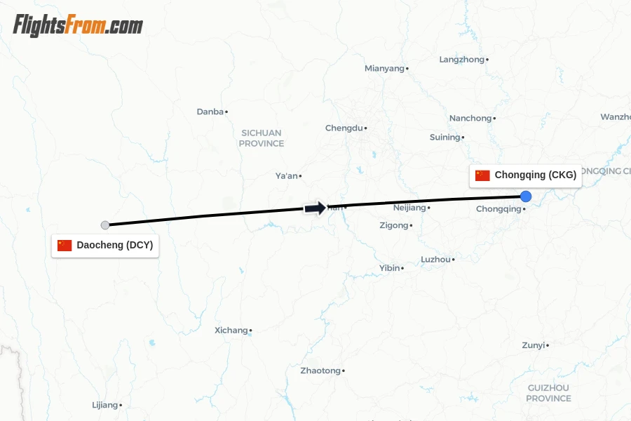 Flights from Daocheng to Chongqing route map