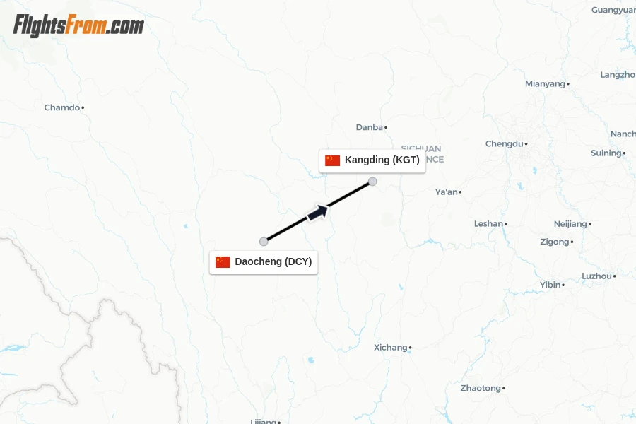 Flights from Daocheng to Kangding route map