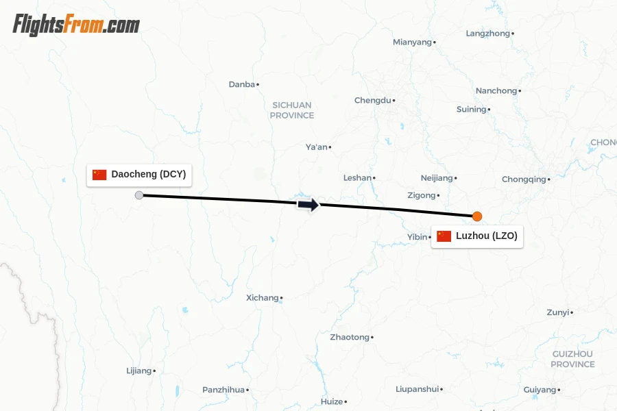 Flights from Daocheng to Luzhou route map