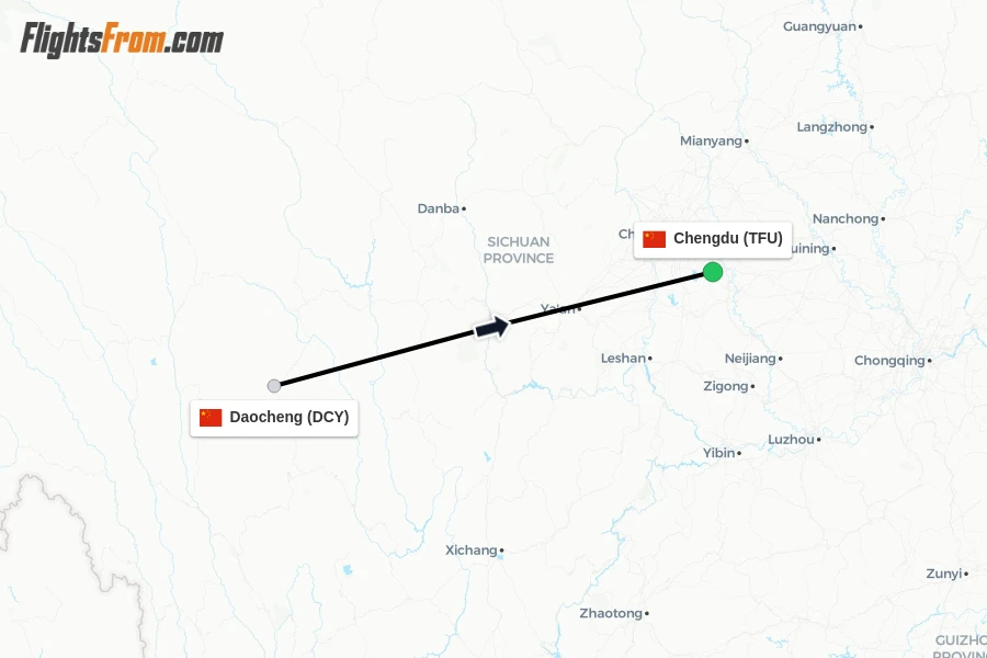 Flights from Daocheng to Chengdu route map