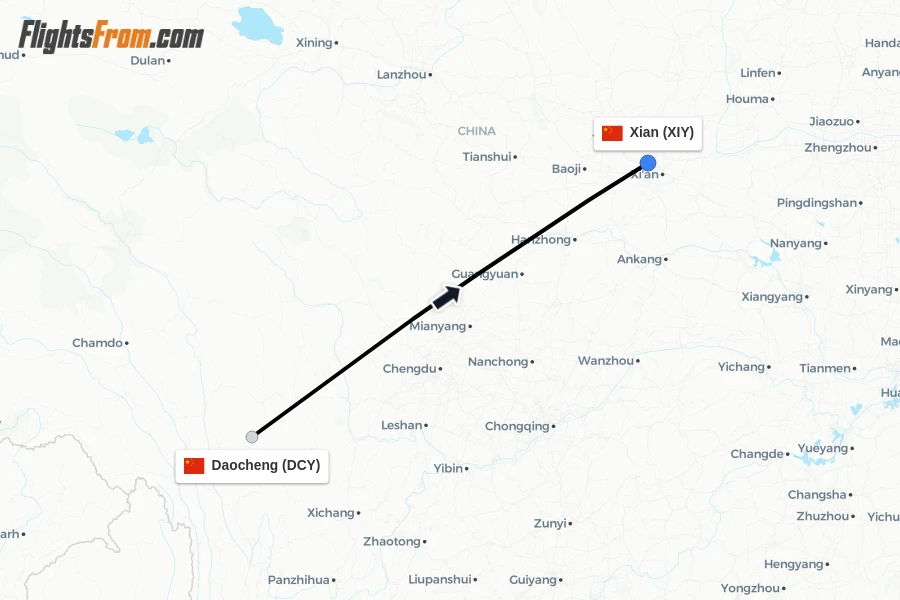 Flights from Daocheng to Xian route map