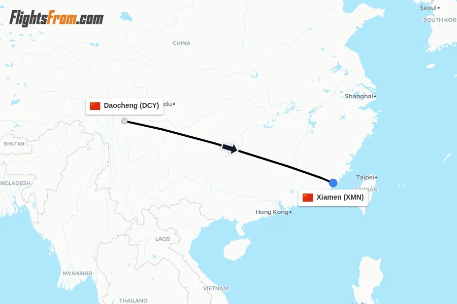 Flights from Daocheng to Xiamen route map