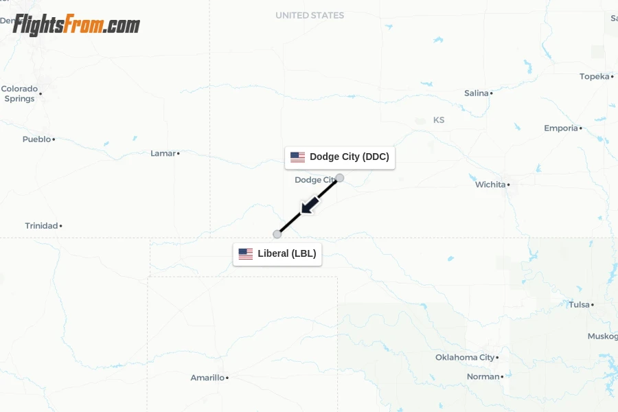 Flights from Dodge City to Liberal route map
