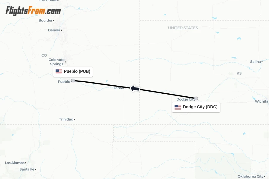 Flights from Dodge City to Pueblo route map