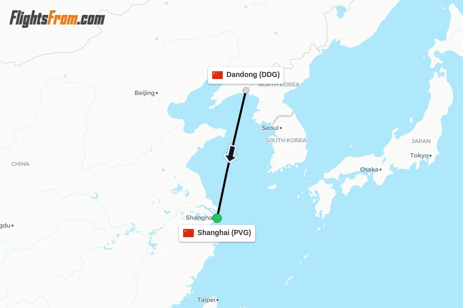 Flights from Dandong to Shanghai route map