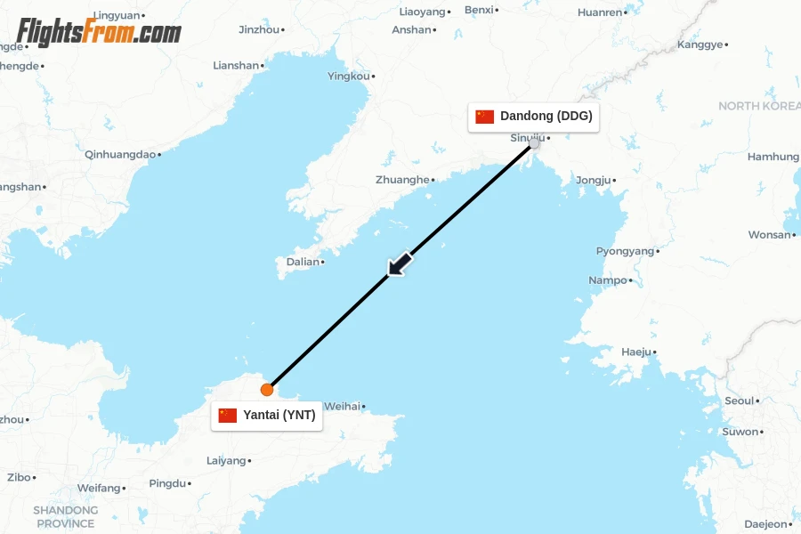 Flights from Dandong to Yantai route map